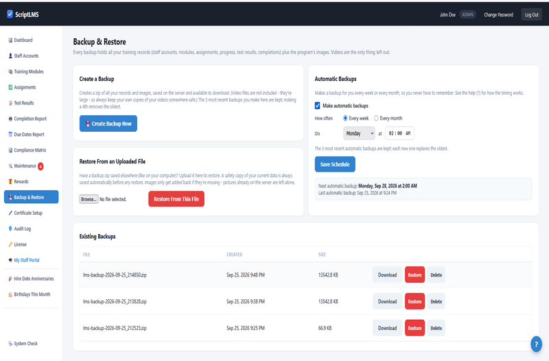 ScriptLMS Backup and Restore page with automatic scheduled backups